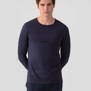RON DORFF Crew Neck Long Sleeve Eyelet Edition Classic Navy Blue T-Shirt Size L